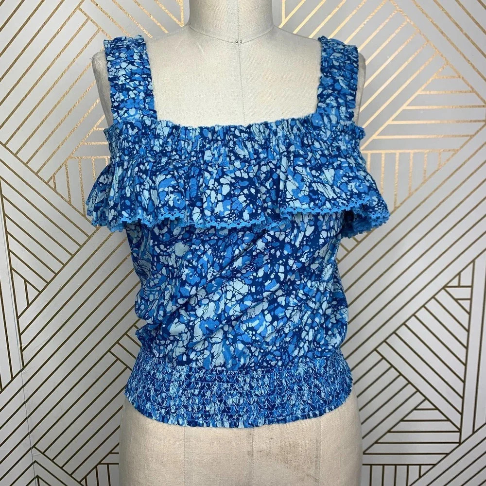 House of Harlow 1960 Blue Ruffle Smocked Square Neck Tank Top Size‎ US Small